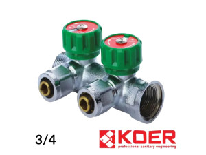 Колектор для води 3/4 вентильний косий х2 виходи 16х2.0 мм KOER