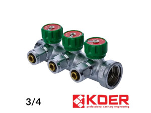 Колектор для води 3/4 вентильний косий х3 виходи 16х2.0 мм KOER
