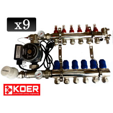 Колектор теплої підлоги на 9 виходу з насосом Koer (Комплект)