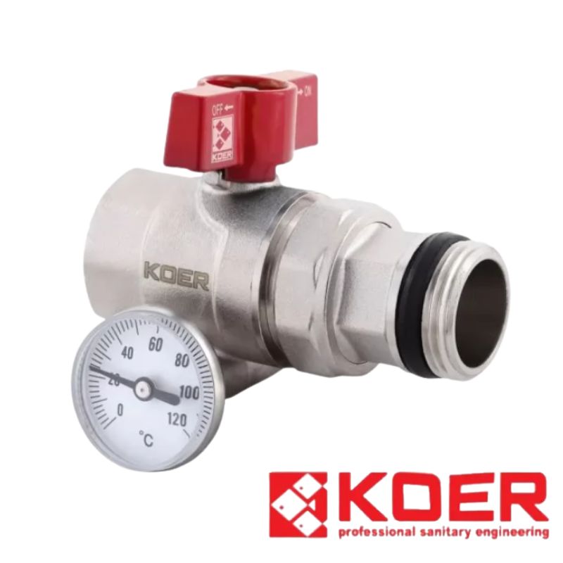 Кран шариковый с американкой + термометр для коллектора 1" KOER (KR.1032)