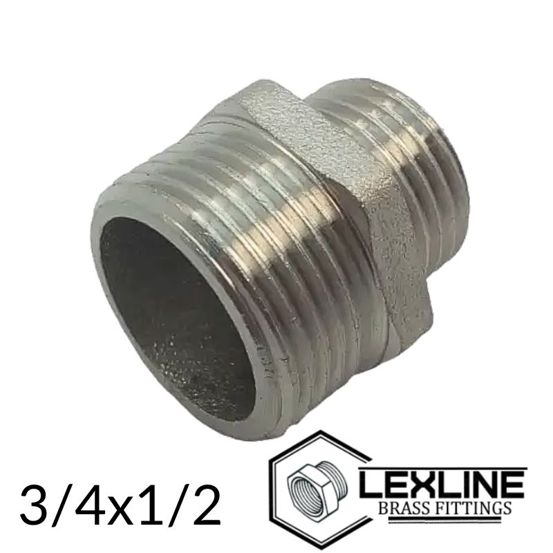 Перехідник латунний Ніпель 1/2н х 3/4н Нікель LEXLINE
