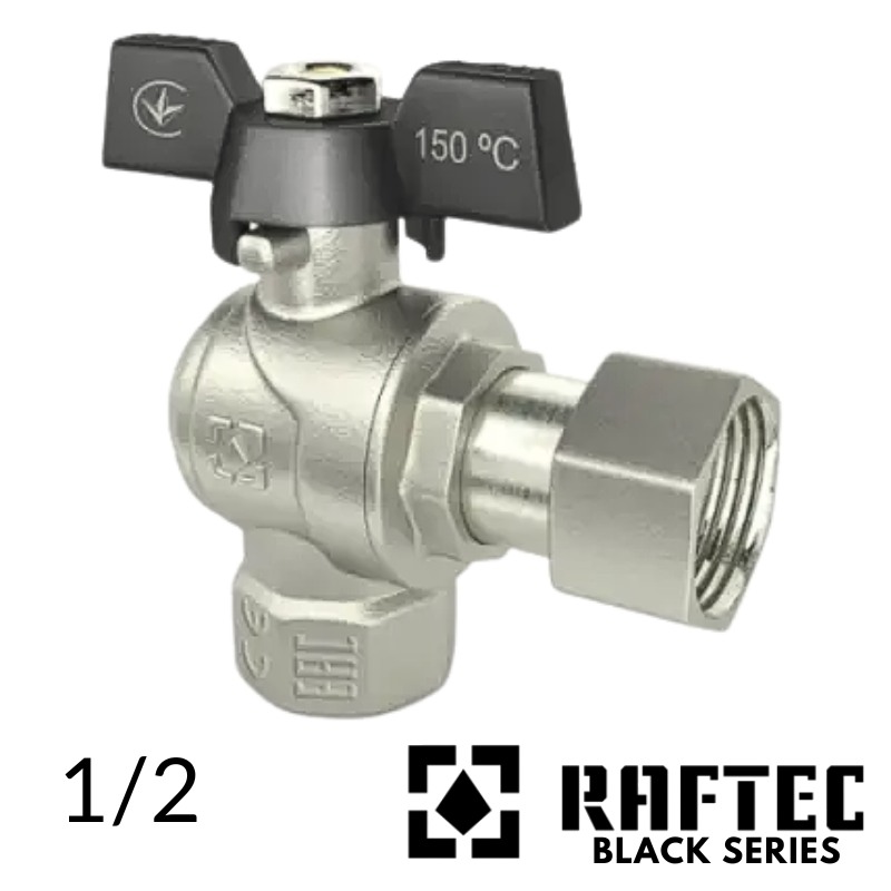Кран кульовий 1/2 з накидною гайкою кутовий RAFTEC (BLACK) (ВВ)
